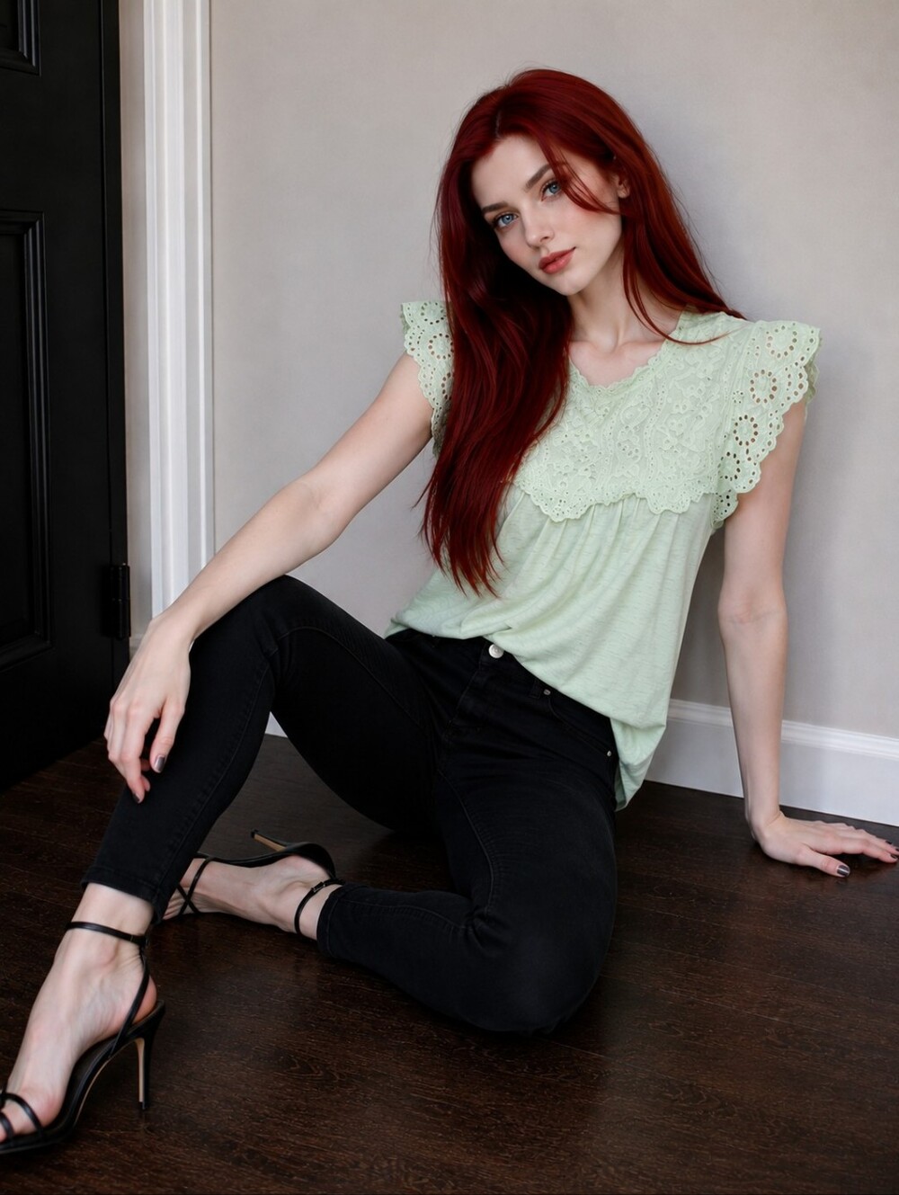 LC Lauren Conrad Mint Green Eyelet Lace Flutter Sleeve Top XL Boho Cottagecore